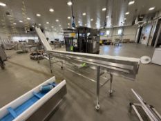 INCLINE CONVEYOR, APPROX. 144 IN. L X 7 IN. W, CARRIES PRODUCT APPROX. 92 IN. H TO DROP INTO