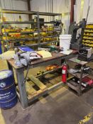 SHOP TABLE WITH VISE, INCLUDES SHELVING WITH SPARE MOTORS