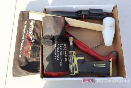 Box Lot of Hammers, Torch 400, Hose Pinch Pliers etc