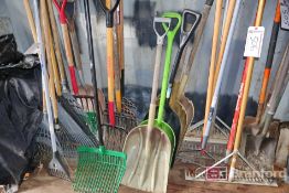 Numerous Landscape Rakes, Leaf Rakes, Pitch Forks & Shovels