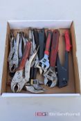 Box Lot of Vise Grip & Misc Adjustable Wrenches & Rivet Tool