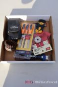 Box Lot of Files, Steel Drill Brush, Terminal Tools, Razor Blade Scrappers