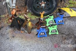 (2) Pitch Forks, (3) Leaf Rakes, (7) Assorted Jack Stands
