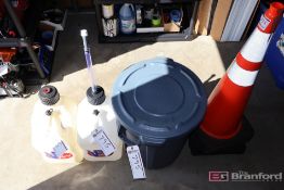 (2) Fuel Cans, (1) Rubbermaid Brute Trash Can, (4) Safety Cones