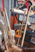 Numerous Spade Shovels, Broom, Iron Chisel