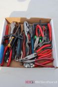 Box Lot of Pliers, Dikes, And Torq Drivers