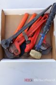 Box Lot of Pipe Wrenches, Brass Hammer, Pliers