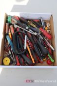 Box Lot of Screwdrivers, Razor Blades, Tape Measure, Tweezers