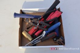 Box Lot of Wrenches, Hammers & Hand Saw
