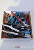 Box Lot of Channel Lock Pliers, Cutters, Dikes, Wire Stripper