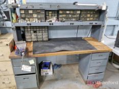 Heavy Duty 7-Drawer Butcher Block Topped Work Bench w/ Overhead Power Strip Shelf, Overhead