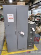 2-Door Metal Cabinet, 4-Drawer Vertical File Cabinet w/ Contents to Include: Hot Glue Guns, Pressure