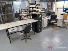 Desk w/ Right Return, Workbench, 4-Drawer Vertical File Cabinet, Cannon Image Runner, 1643IF