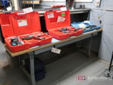 Approx. 8' Steel Based Wood Top Work Bench w/ Overhead Power Strip Shelf
