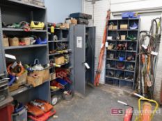 (3) Shelving Units, (1) 2-Door Metal Cabinet w/ Contents to Include: Chisel Parts, Crimper Parts,
