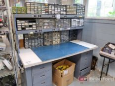 8-Drawer Heavy Duty Work Bench w/ (2) Power Strip Overhead Shelves, (15) Small Parts Bins Incl Nuts,