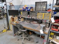 Steel Framed Butcher Block Topped Workbench w/ Overhead Power Strip Shelf, (5) Small Parts Bins,