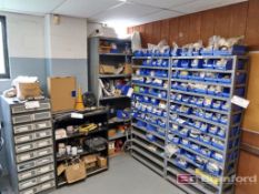 (4) Medium Duty Shelving Units w/ Contents to Include; O-Rings, Manuals, Hand Truck, Wire and Bolt