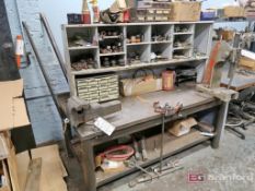 Heavy Duty Steel Framed Steel Topped Workbench w/ Overhead Shelving, Small Parts Bin, 8