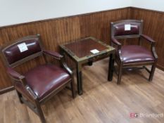 Asian Themed Lobby Table w/ Leatherbound Wood Frame Chair
