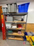 Shelving Unit & Contents Including Mini Air Compressor, Power Cables, Plastic Bins