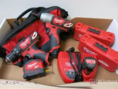 Lot of Milwaukee 12V Screw Gun & Impact Gun/Tape Measure/Drill Bit Set/Driver Set