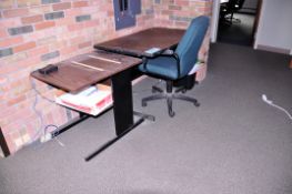 Lot - (2) Desks, Portable Cabinet, (2) Chairs, LG Space Heater, Dirt Devil Vacuum and Pedestal Fan