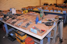 Lot - Various Hand Tools in (14) Boxes On/Under Bench, Including: Brushes, Bungee Cords, Etc.