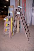Lot - (2) 4 ft. and (1) 6 ft. Fiberglass Step Ladders with (1) 6 ft. Wood Step Ladder