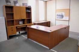 Lot - (3) Desks, Credenza, Wood Cart, 4-Drawer Lateral File Cabinet and Sofa in (1) Room