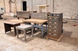 Lot - (3) Tables, (2) Benches, (2) 5-Drawer Blueprint Cabinets, 5-Drawer Organizer Cabinet, Etc.