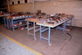 Lot - (8) Steel Benches with Wood Tops in (2) Groups and (1) 4-Wheel Cart