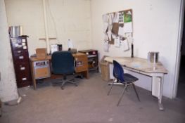 Lot - (3) Desks, (2) 2-Door Supply Cabinets, Bookcase, 4-Drawer File Cabinet, Water Cooler, Etc.