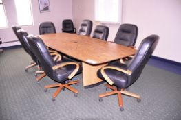 Lot - 4 ft. x 10 ft. Conference Table, (10) Black Leather Swivel Office Chairs, Wood Cart, Etc.