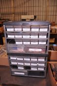 Lot - (2) Plastic Bin Organizer Cabinets with Welding and Plasma Cutting Consumables