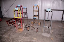 Lot - (5) 2-Wheel Hand Carts, (1) 2-Wheel Caddy and (1) 4-Wheel Drum Dolly