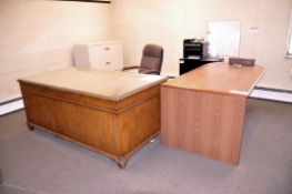 Lot - (2) Desks, Table, 3-Drawer Lateral File Cabinet, 4-Drawer Letter Size File Cabinet, Etc.