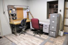 Lot - (2) Desks, (2) Tables, Bench, Shelving Unit, 2-Door Supply Cabinet, Locker, Etc.