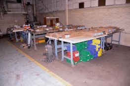 Lot - (12) Steel Benches with Wood Tops and (1) Steel Frame Drawing Table in (3) Groups