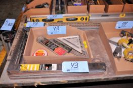 Lot - Squares, Protractors and Angle Meter in (1) Box with Framing Squares, T-Squares and Levels