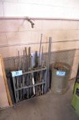 Lot - Round Stock and Threaded Rod Stock with Rack and Various Metals in (1) Steel Barrel