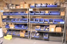 Lot - Socket Head Cap Screws and Dowel Pins on (2) Racks with Plastic Parts Bins