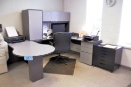 Lot - (2) U-Shaped Desks with Hutches and (7) Swivel Office Chairs (Contents on Desks Not Included)