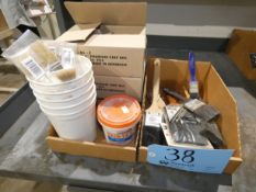 Lot - Assorted Painting Supplies in (2) Boxes, (3) Boxes Paint Brushes, Assorted Putty Knives, Etc.