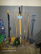 Lot - (4) Brooms, (4) Rakes, (3) Shovels and Dustpan