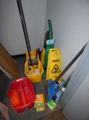Lot - Contents of Closet - Cleaning Supplies, Bissel Vacuum and Bags, 2 Mop Buckets, Etc.