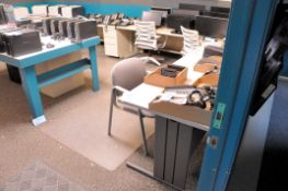 Lot - 8-Piece Wrap-Around Desk System, Bookcase, Waste Can and (5) Office Chairs