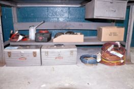 Lot - Toolboxes, Extension Cords, Jumper Cables, Ratchet Straps, Etc. Under (1) Bench