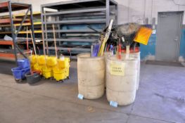 Lot - Cleanup and Yard Tools in (4) Plastic Barrels with Mop Buckets