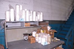 Lot - Tape, Tape Guns Scale and Containers on (1) Bench